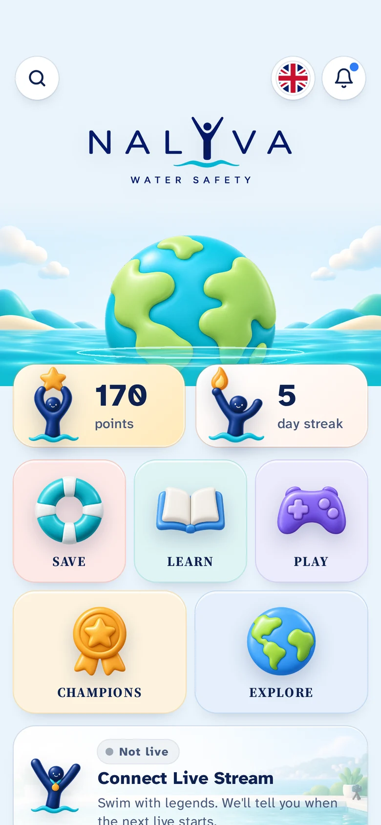 The NALYVA Home screen: the logo over the planet, points and a five-day streak with Y, the five worlds and the live stream card.