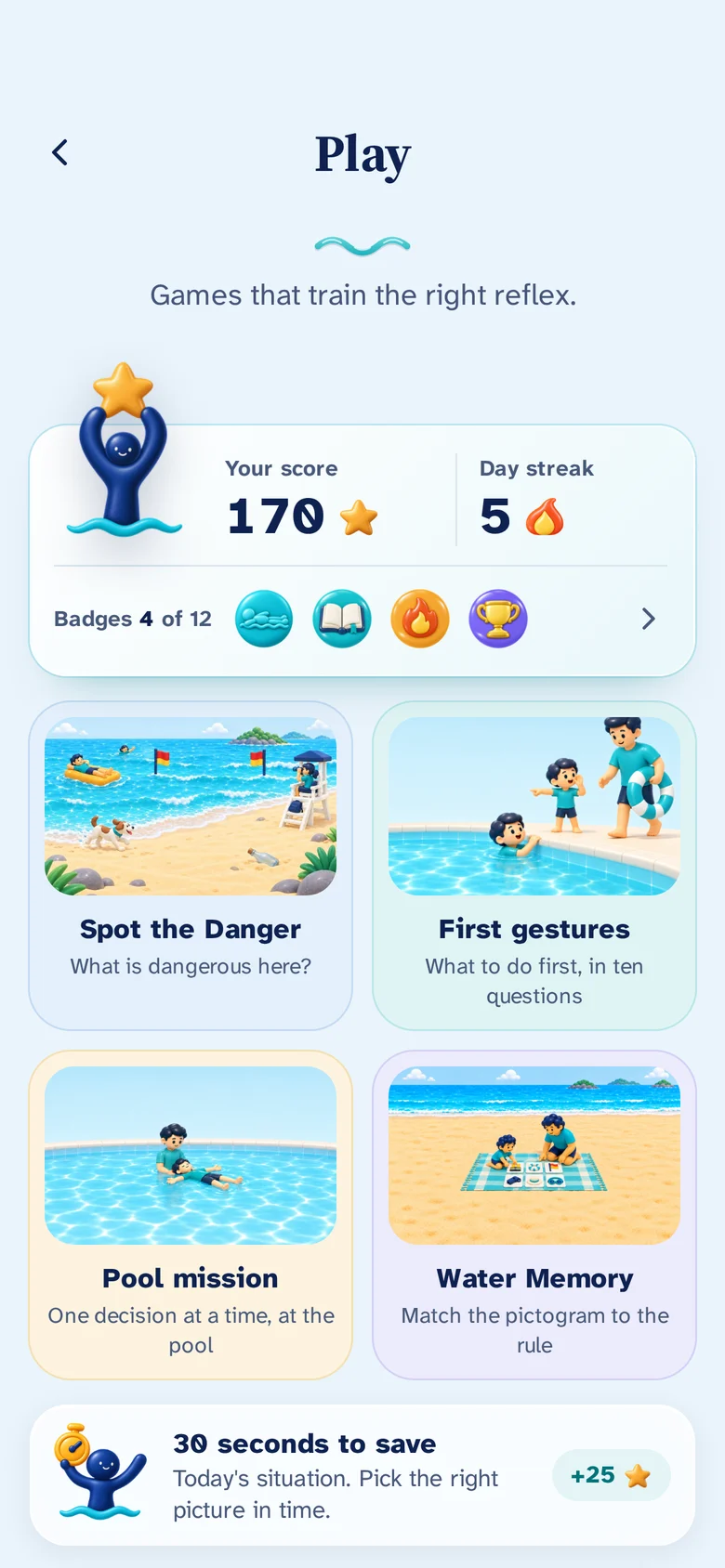 Play: the score, day streak and badges with Y, then Spot the Danger, First gestures, Pool mission and Water Memory.