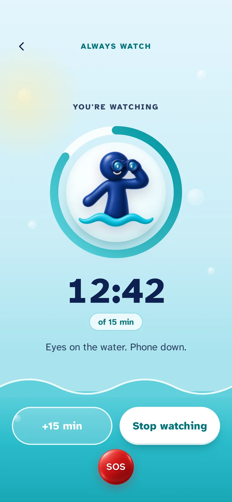 Always watch running: the countdown around Y, +15 min and Stop watching.
